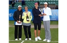 EASTBOURNE, ENGLAND - JUNE 22:  Winners Nadia Petrova of Russia (2ndR) and partner Katarina Srebotnik (R) of Slovenia pose with Monica Niculescu of Romania (L) and partner Klara Zakopalova of Czech Republic after their women's doubles final match on day eight of the AEGON International tennis tournament at Devonshire Park on June 22, 2013 in Eastbourne, England.  (Photo by Jan Kruger/Getty Images)